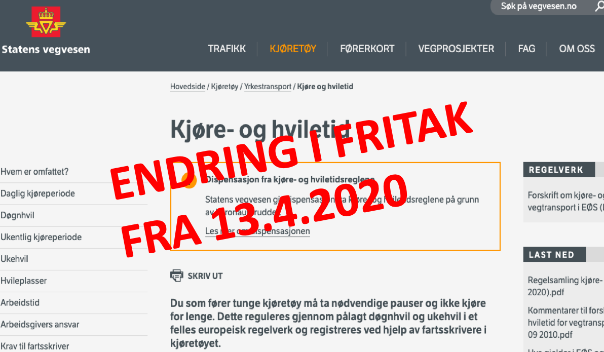 Endring i fritaket fra kjøre-og hviletid