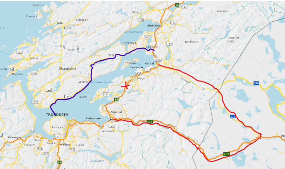 E6 i Levanger stengt