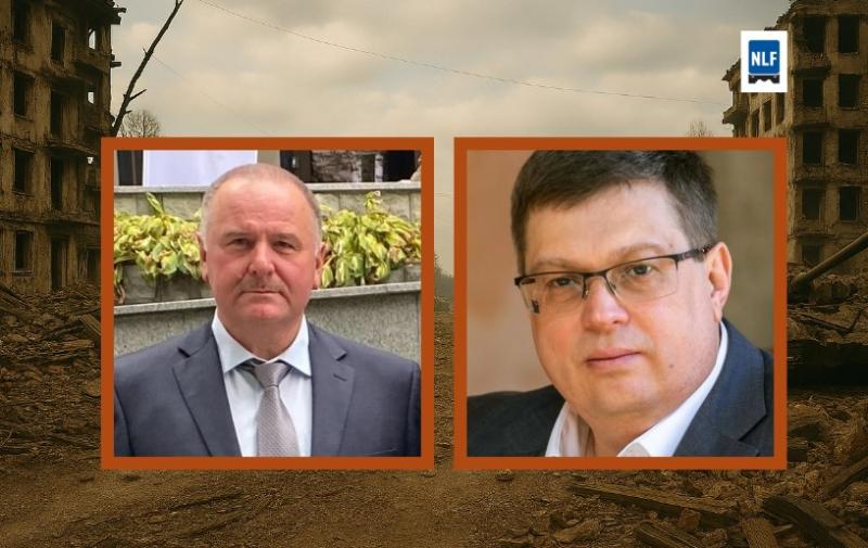 Volodymyr Balin (til høyre) og Viktor Yadukha har i flere år stått midt i krigshverdagen i Ukraina. Denne uken kommer de til Norge for å fortelle hvordan transportnæringen har holdt forsyningslinjene åpne under rakettangrep, drivstoffmangel og ødelagt infrastruktur. 