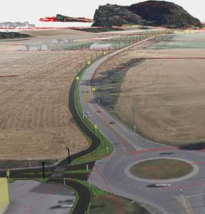 Ny gang- og sykkelvei starter ved Tore Ligaard i utkanten av Stjørdal sentrum og følger nordsiden av E14 i retning Hegramo. Modell/illustrasjon: Statens vegvesen.