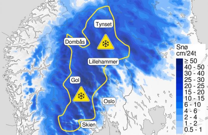 MYE SNØ: Det kan komme opp mot 40 centimeter snø enkelte steder.  FOTO: METEOROLOGISK INSTITUTT