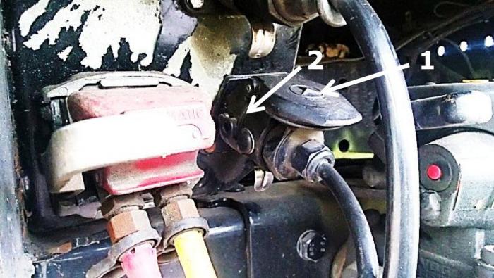 Bildet viser tilkoblingen for ABS-ledningen på bil (1). Det var ledningen herfra som ble revet over. Dermed sluttet ABS-bremsene å virke uten at føreren fikk noen feilmelding fra bilen. Foto: NLF-arkiv