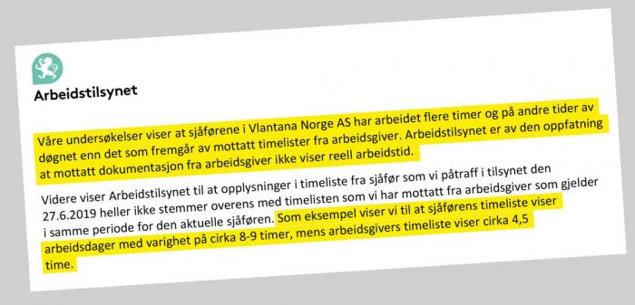 Utdrag fra Arbeidstilsynets rapport. Lastebil.nos uthevelser.