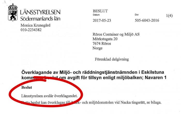 Faksimile fra brev sendt til Røros Container & Miljø.