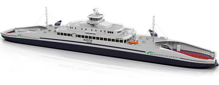 Den nye ferja skal ha kapasitet på 200 personbiler og opp til 24 vogntog, og hurtiglades med høyspenning opptil 7200 kW. Illustrasjon: Bastø Fosen AS