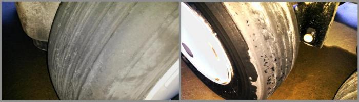 FARLIG: Dette er dekk som ikke er uvanlig på utenlandske vogntog. Foto: Falck Odda/Statens vegvesen