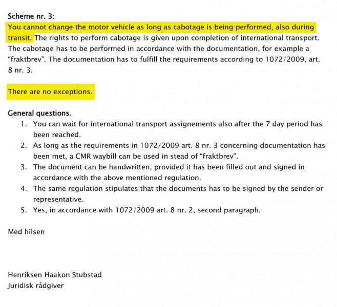 Vegdirektoratet svarer til Girtekas juridiske avdeling at de ikke har lov til å bytte traller underveis i et kabotasjeoppdrag. I samme brev slås det også fast at dersom Girteka bytter tralle underveis i et internasjonalt oppdrag slik at ett eller flere av kjøretøyene både overtar og leverer fra seg trallen i Norge, vil også den delen av oppdraget regnes som kabotasje. Faksimile: Vegdirektoratet, Lastebil.nos uthevelser