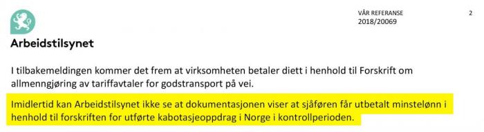 Også i år er det avdekket brudd ved lønnsbestemmelsene. Bring Trucking har altså ikke endret rutinene, selv etter direkte anbefalinger fra Arbeidstilsynet. Faksimile: Arbeidstilsynet, uthevet av Lastebil.no