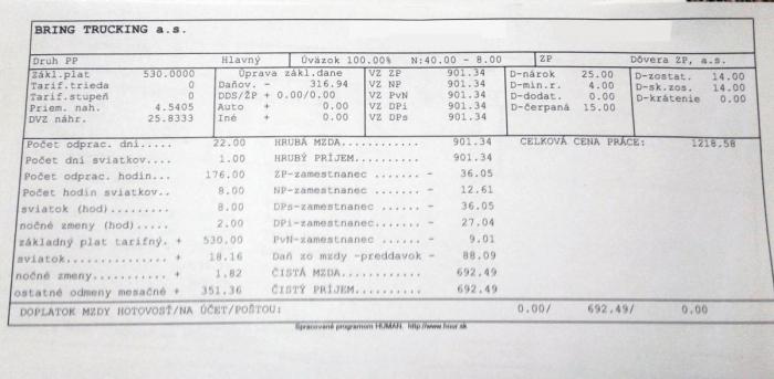 Denne lønnslippen er hentet fra en måned hvor sjåføren kan dokumentere å ha kjørt kabotasje. Hverken norsk minstelønn, antall timer kjørt i Norge eller total inntjening for kabotasjekjøringen er mulig å se, til tross for at dette er pålagt etter norsk lov. Foto: Stein Inge Stølen