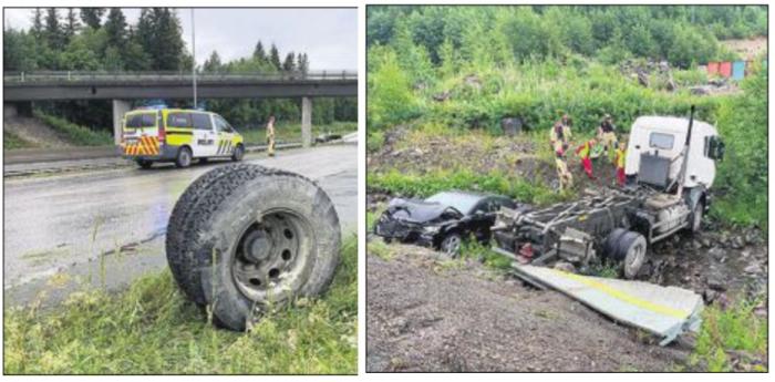 KRASJET I BRO: Slik endte ferden for en uheldig sjåfør mandag morgen. Foto: Torbjørn Olsen