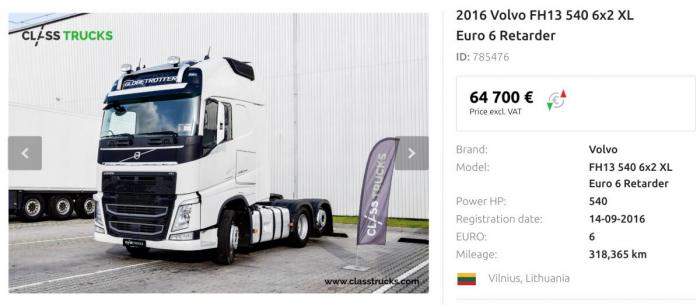 Her er et eksempel på hva en Volvo FH 540, Vlantana Norges foretrukne trekkvogn, koster på bruktmarkedet. Denne aktuelle bilen står til salgs i Litauen og kan godt tenkes å ha vært i tidligere tjeneste for Vlantana Norge. Foto: Skjermdump, Classtrucks.com