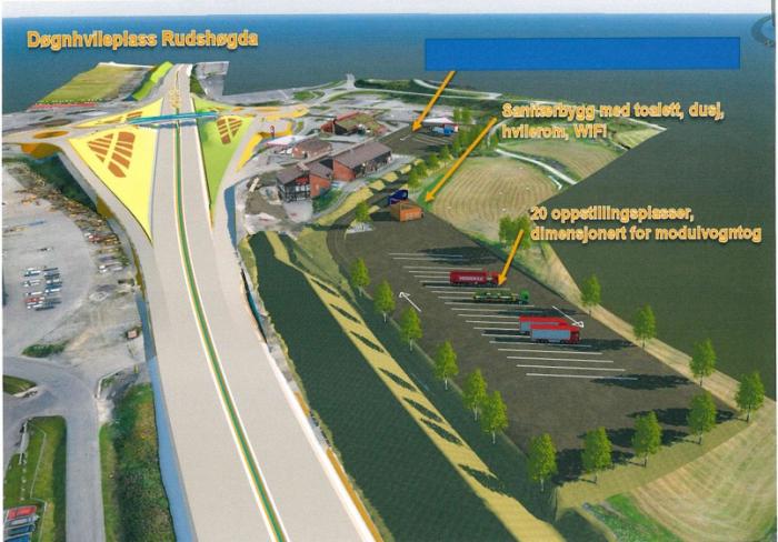 Slik skal den nye døgnhvileplassen se ut. Den ligger sentralt i forhold til E6.