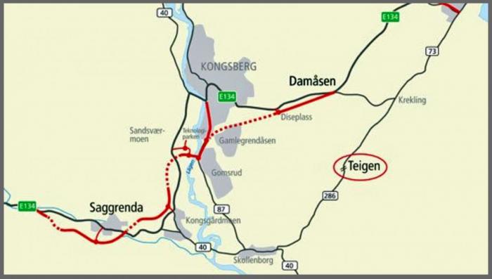 NY E134: Damåsen - Saggrenda. Kart: Statens vegvesen
