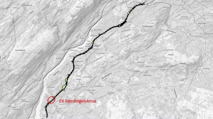 Tryggere: E6 mellom Fjerdingen og Grøndalselv skal oppgraderes til dagens standard for nasjonale hovedveger. Svinger skal utbedres, og tofelts-vegen får en bredde på 9 meter. Kart illustrasjon: Statens vegvesen