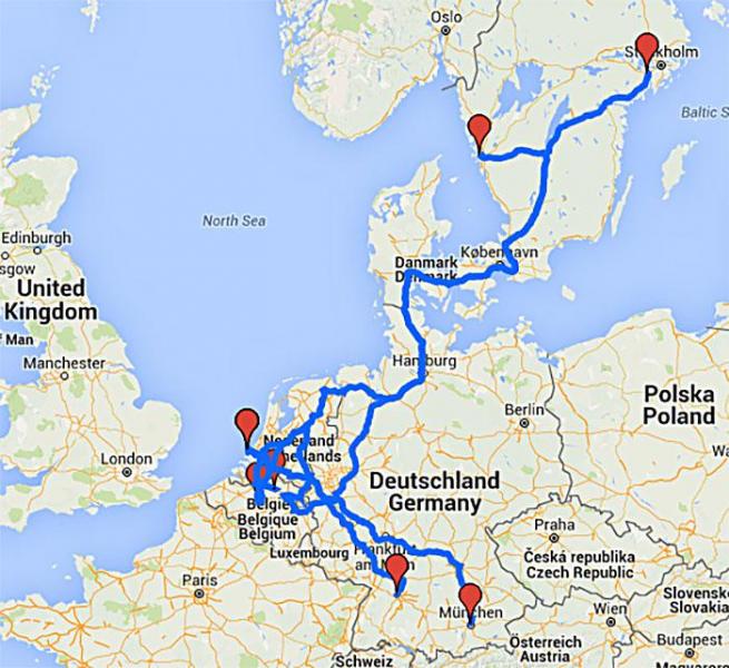 Her er kjørerutene de seks lastebilprodusentene vil ta på veg mot målet i Rotterdam. Illustrasjon: Google Maps
