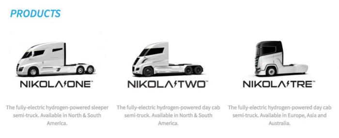 To for USA, en for de øvrige markedene. Slik ser modellrekken ut på Nikolas hjemmesider akkurat nå. Foto: Nikola Motors