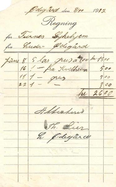 Regningen fra 1932 viser kostnaden for kjøring av åtte gruslass: 26 kroner.