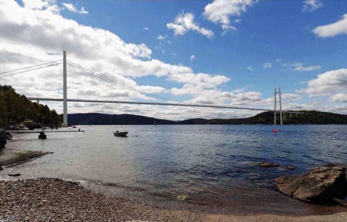 BRU 2: Mulig hengebru for rv. 23 sett fra Digerudveien i Frogn. Illustrasjon:Rambøll