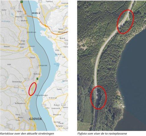 Kartet viser veistrekningen hvor rasteplassene som nå stenger, ligger. På flyfotoet er de to rasteplassene ringet inn. Kart og flyfoto: Kartverket, Geodata AS, InnlandsGIS