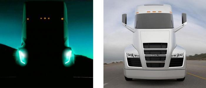 Ut fra disse bildene er det vanskelig å spore likheter mellom Teslas konsept og Nikola One. Spørsmålet er om de likevel deler likheter under skallet. Foto: Tesla / Nikola Motor