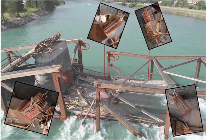 RASTE SAMMEN: Røde ringer rundt øvre knutepunkt, og bilder av knutepunkt som lå under vann, tilknyttet diagonalene i hovedspennet inn mot vestre elvefundament (akse 2). Foto: Havarikommisjonen