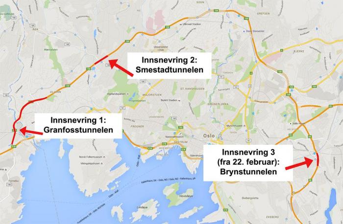 I tillegg til disse innsnevringene kommer også helg- og nattestenging av andre strekninger på Ring 3 og andre hovedfartsårer. Illustrasjon: Google.com / Stein Inge Stølen