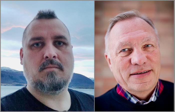 Pappa Øystein Allan Eide (t.v.) ber tungbilsjåførene slutte og tute, og får støtte av regionsjef Herman A. Hanson i NLF