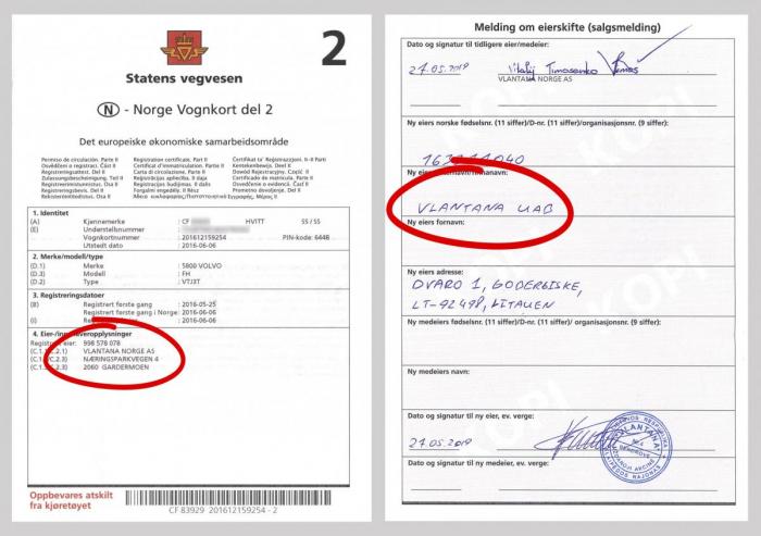 Her er en av over 30 salgsmeldinger hvor trekkvognene overføres til Vlantana UAB i Litauen, utfylt av Vlantana Norges daværende daglig leder Vitalij Timosenko. Foto: Statens vegvesen, uthevelser av Lastebil.no